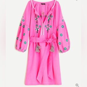 J Crew Embroidered Belted tunic linen dress Hot Pink LS Size S